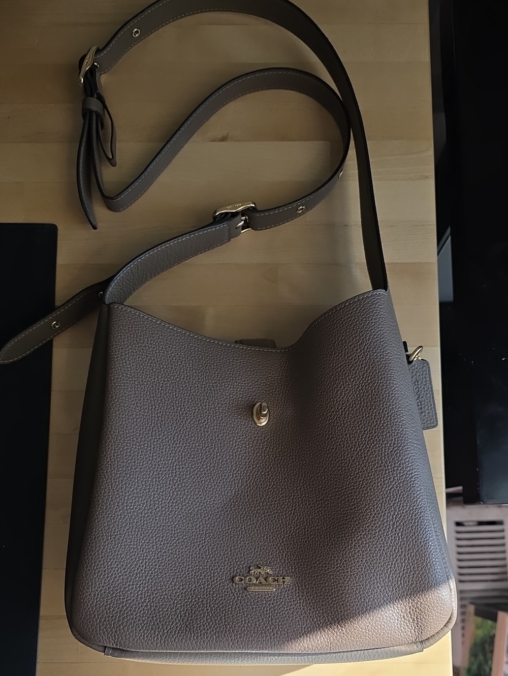 Coach Pebbled Leather Crossbody Bucket Bag in Taupe Gray